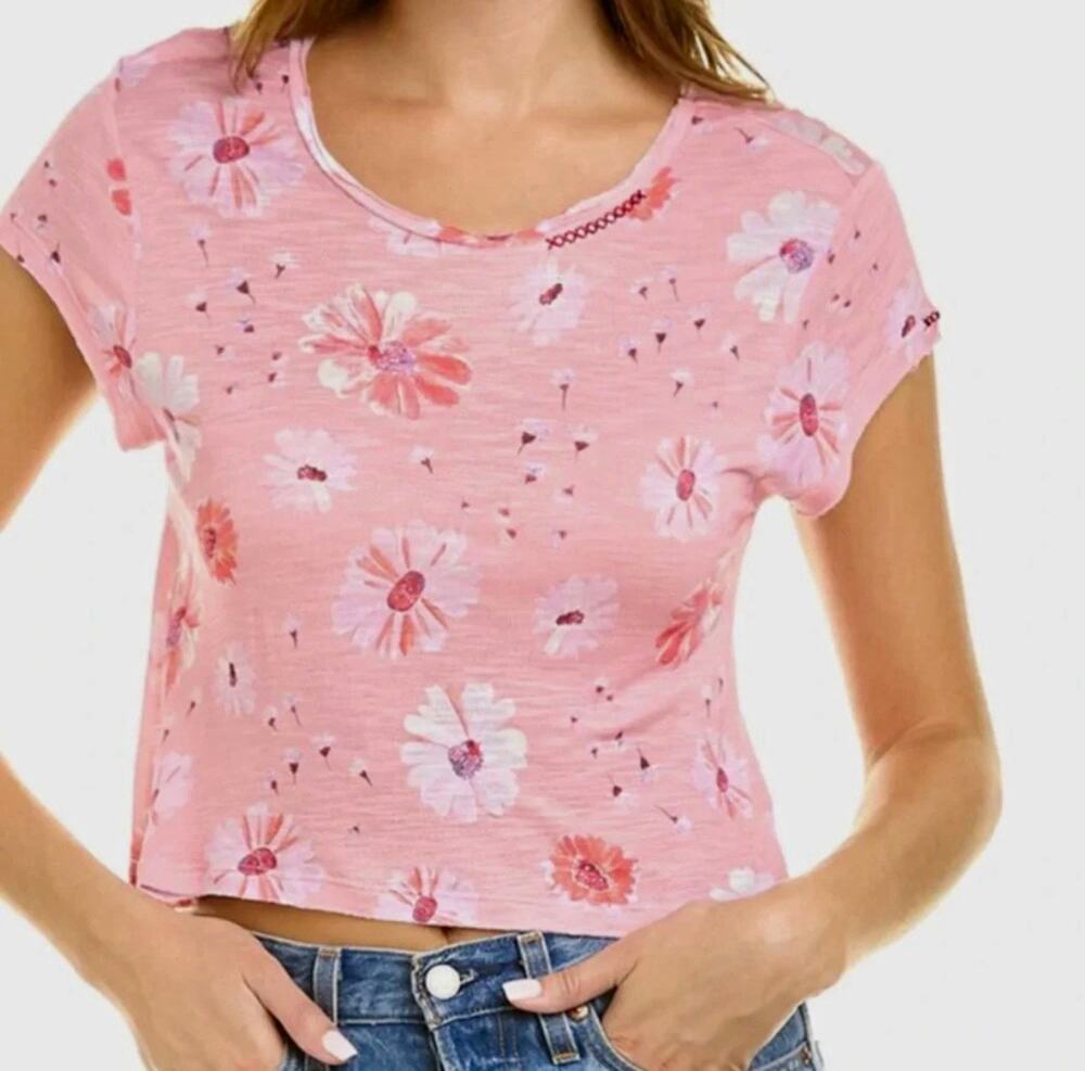 LoveShackFancy Rubbin Cropped Tee Coral Floral Knit Viscose T-Shirt Pink Size S